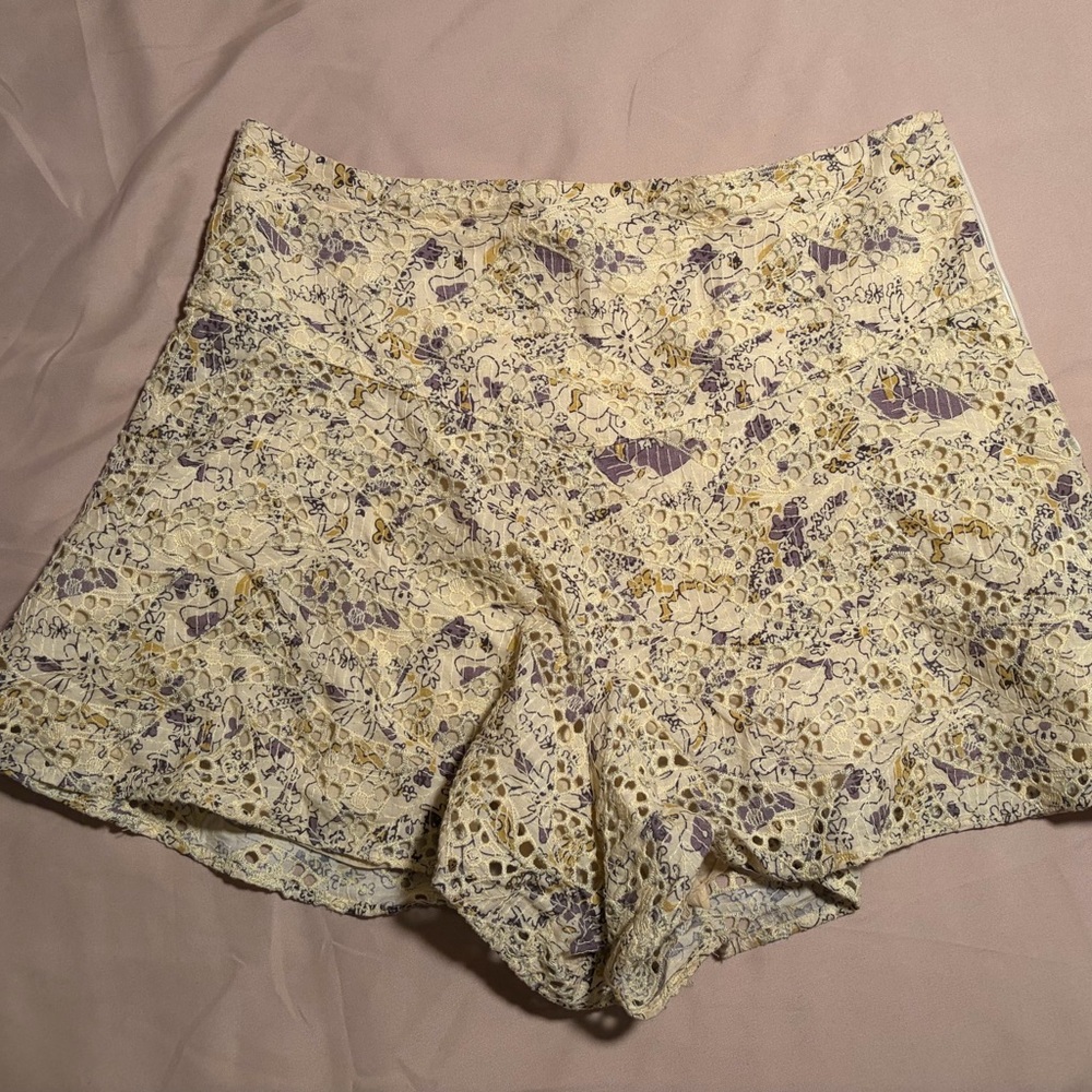 Floral Islet Lace Women’s Shorts - Lemon Yellow with Purple Floral